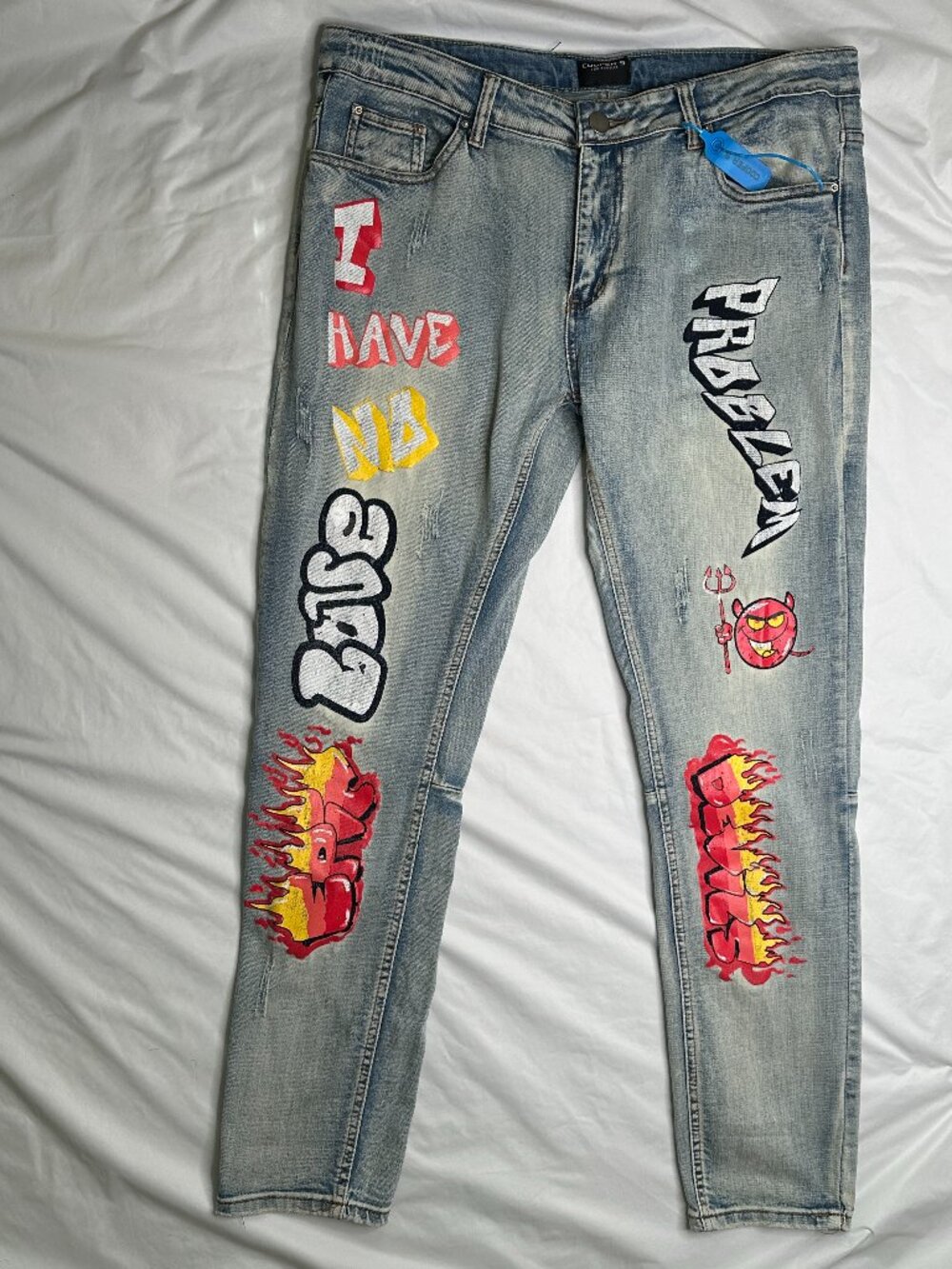 COOPER 9 Los Angeles Men’s Jeans Size 36 Graffiti Painted Epic Devils Blue